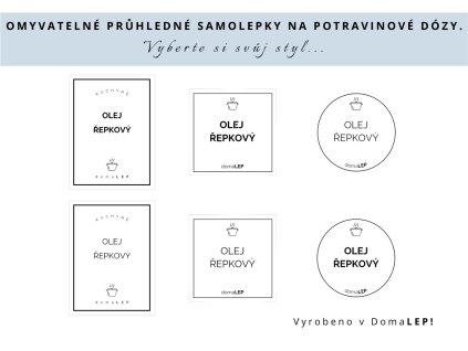 Samolepka OLEJ ŘEPKOVÝ na potravinové dózy, 3 velikosti, průhledná, základní nebo tučné písmo, DomaLEP.