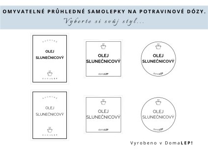 Samolepka OLEJ SLUNEČNICOVÝ na potravinové dózy, 3 velikosti, průhledná, základní nebo tučné písmo, DomaLEP.