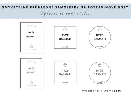Samolepka RÝŽE BASMATI na potravinové dózy, 3 velikosti, průhledná, základní nebo tučné písmo, DomaLEP.