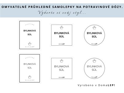 Samolepka BYLINKOVÁ SŮL na potravinové dózy, 3 velikosti, průhledná, základní nebo tučné písmo, DomaLEP.
