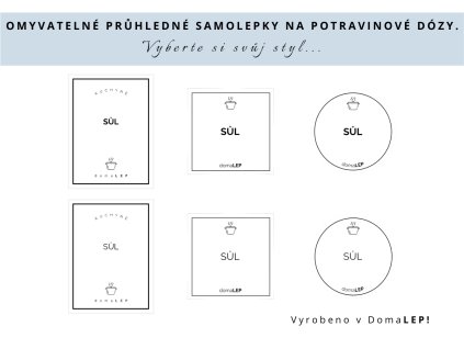 Samolepka SŮL na potravinové dózy, 3 velikosti, průhledná, základní nebo tučné písmo, DomaLEP.
