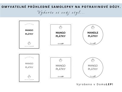 Samolepka MANGO PLÁTKY na potravinové dózy, 3 velikosti, průhledná, základní nebo tučné písmo, DomaLEP.