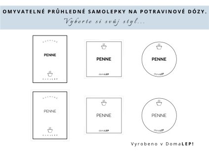 Samolepka PENNE na potravinové dózy, 3 velikosti, průhledná, základní nebo tučné písmo, DomaLEP.