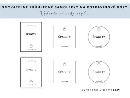 Samolepka ŠPAGETY na potravinové dózy, 3 velikosti, průhledná, základní nebo tučné písmo, DomaLEP.