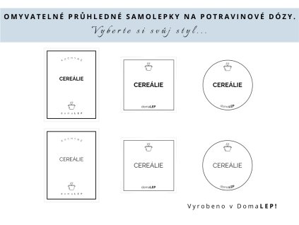 Samolepka CEREÁLIE na potravinové dózy, 3 velikosti, průhledná, základní nebo tučné písmo, DomaLEP.