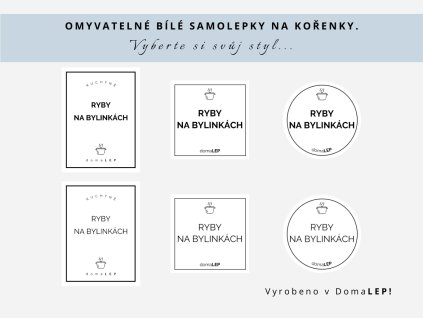 Samolepka RYBY NA BYLINKÁCH na kořenky, 3 velikosti, bílá, základní nebo tučné písmo, DomaLEP.