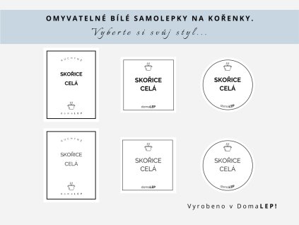 Samolepka SKOŘICE CELÁ na kořenky, 3 velikosti, bílá, základní nebo tučné písmo, DomaLEP.