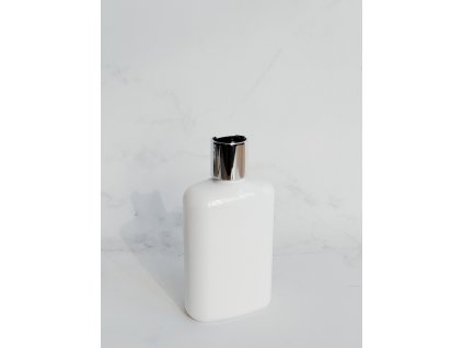 Bílá oválná lahvička LIMA 250 ml s černo-stříbrným DISC TOP
