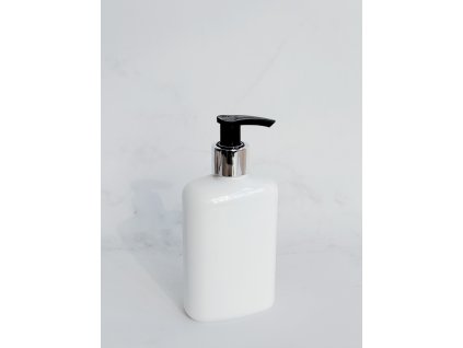 Bílá oválná lahvička LIMA 250 ml s černo-stříbrným dávkovačem