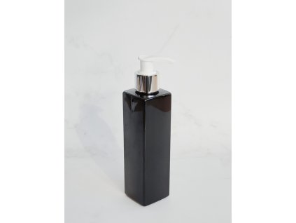 Černá hranatá lahvička LUNA 250 ml s bílo-stříbrným dávkovačem