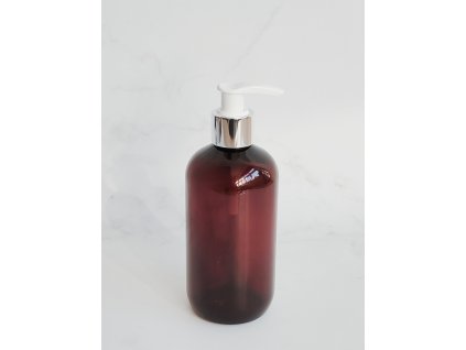 Jantarová lahvička BELA 300 ml s bílo-stříbrným dávkovačem