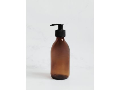 SKLENĚNÁ JANTAROVÁ LAHVIČKA MONA 250 ml s černým vroubkovaným dávkovačem