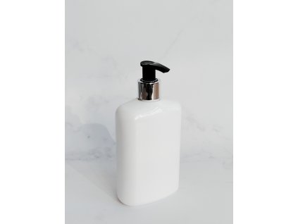 Bílá oválná lahvička LIMA 400 ml s černo-stříbrným dávkovačem