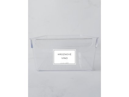 HROZNOVÉ VÍNO bílá samolepka s rámečkem, základní písmo, rozměr 6 × 4 cm na boxy, šuplíky a dózy do lednice komplet