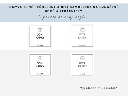 Samolepka OČNÍ KAPKY na boxy a lékárničky, 5 x 5 cm, bílá nebo průhledná varianta, základní nebo tučné písmo, DomaLEP.