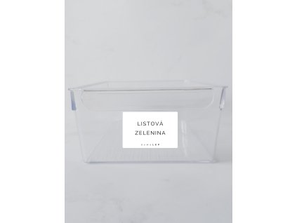 LISTOVÁ ZELENINA bílá samolepka bez rámečku, základní písmo, rozměr 6 × 4 cm na boxy, šuplíky a dózy do lednice komplet