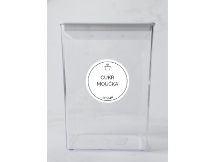 CUKR MOUČKA průměr 5 cm – bílá vinylová, voděodolná, omyvatelná samolepka na dózy, základní písmo komplet