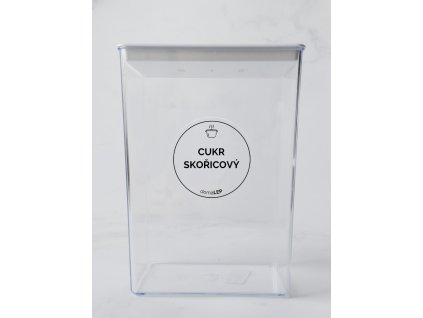 CUKR SKOŘICOVÝ průměr 5 cm – průhledná vinylová, voděodolná, omyvatelná samolepka na dózy, tučné písmo komplet
