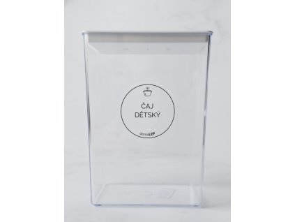 ČAJ DĚTSKÝ průměr 5 cm – průhledná vinylová, voděodolná, omyvatelná samolepka na dózy, základní písmo komplet