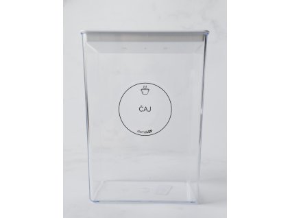 ČAJ průměr 5 cm – průhledná vinylová, voděodolná, omyvatelná samolepka na dózy, základní písmo komplet