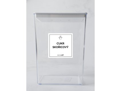 CUKR SKOŘICOVÝ 5 × 5 cm – bílá vinylová, voděodolná, omyvatelná samolepka na dózy, tučné písmo komplet