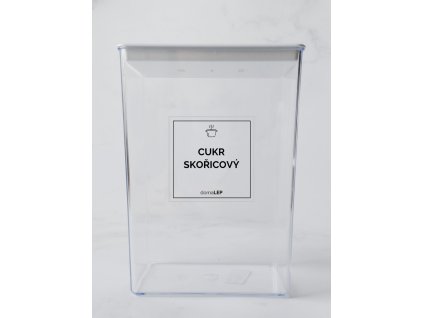 CUKR SKOŘICOVÝ 5 × 5 cm – průhledná vinylová, voděodolná, omyvatelná samolepka na dózy, tučné písmo komplet