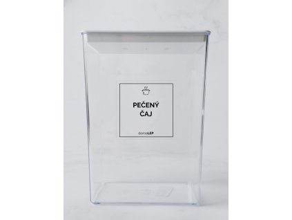 PEČENÝ ČAJ 5 × 5 cm – průhledná vinylová, voděodolná, omyvatelná samolepka na dózy, tučné písmo komplet  