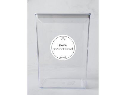 KÁVA BEZKOFEINOVÁ průměr 5 cm – bílá vinylová, voděodolná, omyvatelná samolepka na dózy, základní písmo komplet
