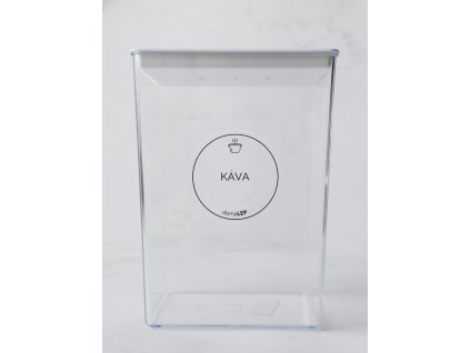 KÁVA průměr 5 cm – průhledná vinylová, voděodolná, omyvatelná samolepka na dózy, základní písmo komplet