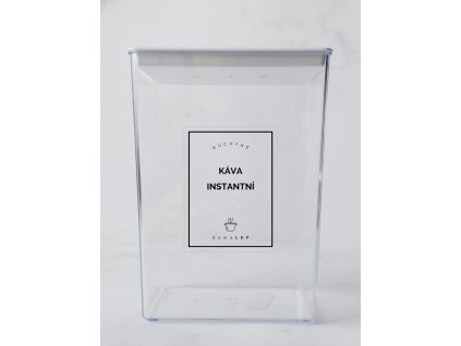 KÁVA INSTANTNÍ 6 × 8 cm – průhledná vinylová, voděodolná, omyvatelná samolepka na dózy, tučné písmo komplet