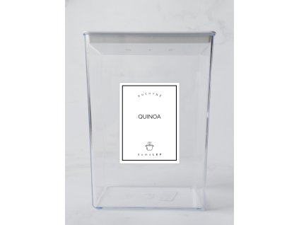 QUINOA 6 × 8 cm – bílá vinylová, voděodolná, omyvatelná samolepka na dózy, základní písmo komplet