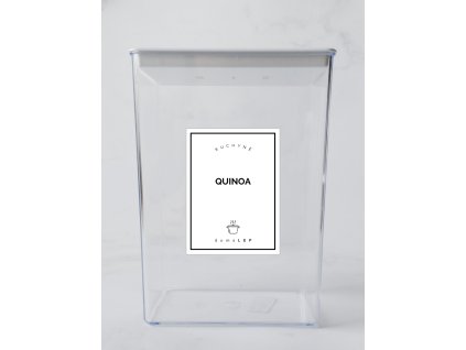 QUINOA 6 × 8 cm – bílá vinylová, voděodolná, omyvatelná samolepka na dózy, tučné písmo komplet