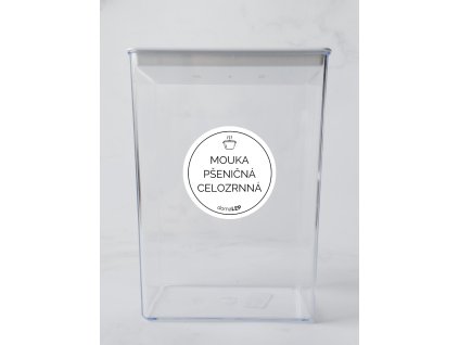 MOUKA PŠENIČNÁ CELOZRNNÁ průměr 5 cm – bílá vinylová, voděodolná, omyvatelná samolepka na dózy, základní písmo komplet