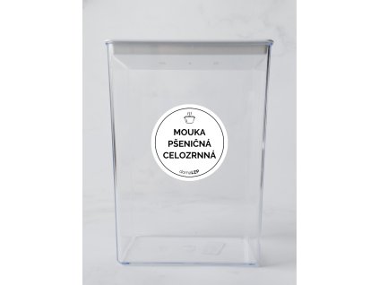 MOUKA PŠENIČNÁ CELOZRNNÁ průměr 5 cm – bílá vinylová, voděodolná, omyvatelná samolepka na dózy, tučné písmo komplet