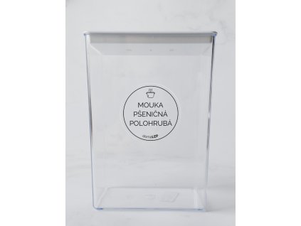 MOUKA PŠENIČNÁ POLOHRUBÁ průměr 5 cm – průhledná vinylová, voděodolná, omyvatelná samolepka na dózy, základní písmo komplet