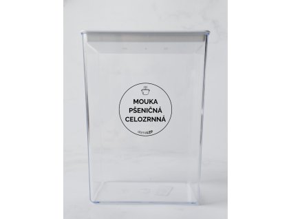 MOUKA PŠENIČNÁ CELOZRNNÁ průměr 5 cm – průhledná vinylová, voděodolná, omyvatelná samolepka na dózy, tučné písmo komplet