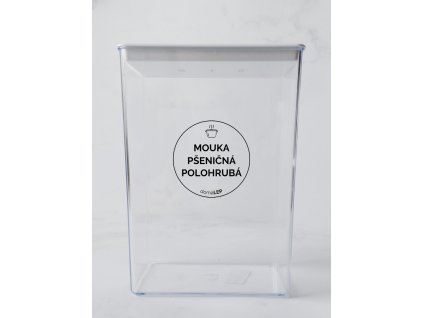 MOUKA PŠENIČNÁ POLOHRUBÁ průměr 5 cm – průhledná vinylová, voděodolná, omyvatelná samolepka na dózy, tučné písmo komplet