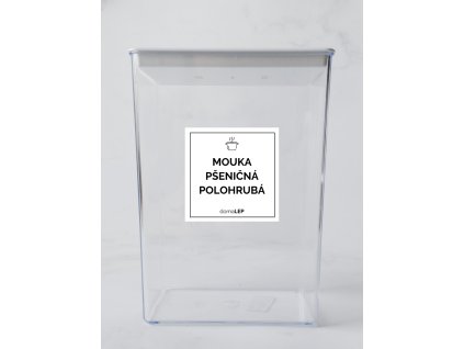 MOUKA PŠENIČNÁ POLOHRUBÁ 5 × 5 cm – bílá vinylová, voděodolná, omyvatelná samolepka na dózy, tučné písmo komplet