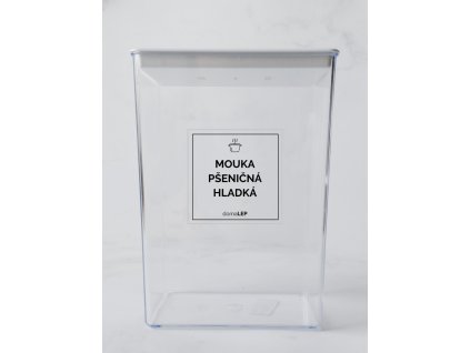 MOUKA PŠENIČNÁ HLADKÁ 5 × 5 cm – průhledná vinylová, voděodolná, omyvatelná samolepka na dózy, tučné písmo komplet