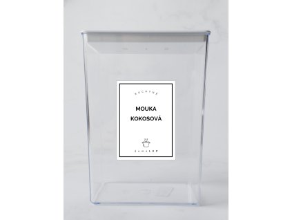 MOUKA KOKOSOVÁ 6 × 8 cm – bílá vinylová, voděodolná, omyvatelná samolepka na dózy, tučné písmo komplet