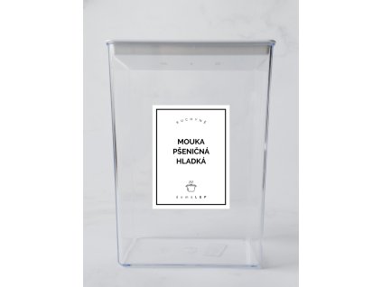 MOUKA PŠENIČNÁ HLADKÁ 6 × 8 cm – bílá vinylová, voděodolná, omyvatelná samolepka na dózy, tučné písmo komplet