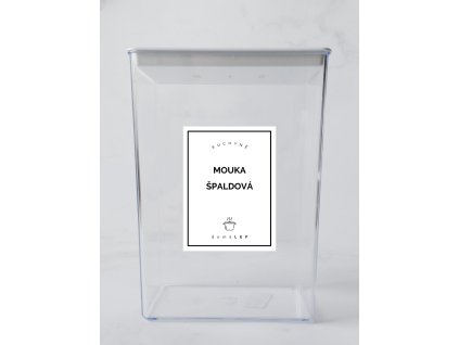 MOUKA ŠPALDOVÁ 6 × 8 cm – bílá vinylová, voděodolná, omyvatelná samolepka na dózy, tučné písmo komplet