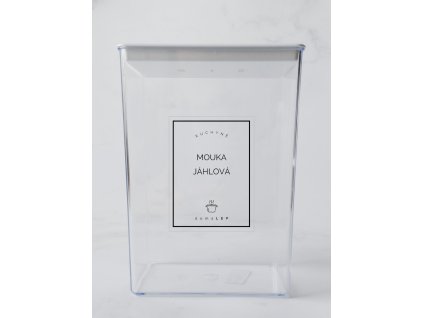 MOUKA JÁHLOVÁ 6 × 8 cm – průhledná vinylová, voděodolná, omyvatelná samolepka na dózy, základní písmo komplet