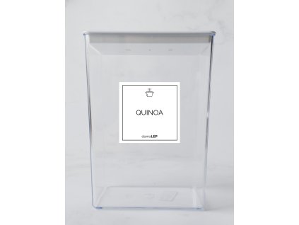 QUINOA 5 × 5 cm – bílá vinylová, voděodolná, omyvatelná samolepka na dózy, základní písmo komplet