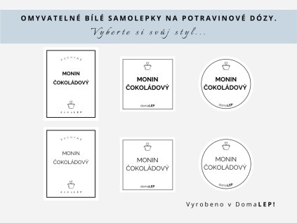 Samolepka MONIN ČOKOLÁDOVÝ na potravinové dózy, 3 velikosti, bílá, základní nebo tučné písmo, DomaLEP.