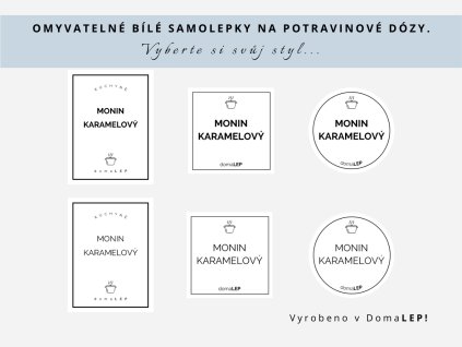 Samolepka MONIN KARAMELOVÝ na potravinové dózy, 3 velikosti, bílá, základní nebo tučné písmo, DomaLEP.