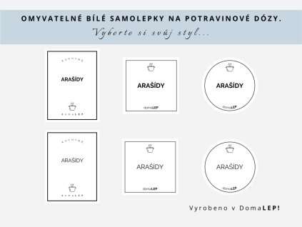 Samolepka ARAŠÍDY na potravinové dózy, 3 velikosti, bílá, základní nebo tučné písmo, DomaLEP.