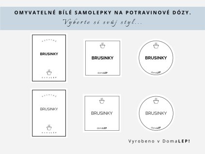 Samolepka BRUSINKY na potravinové dózy, 3 velikosti, bílá, základní nebo tučné písmo, DomaLEP.