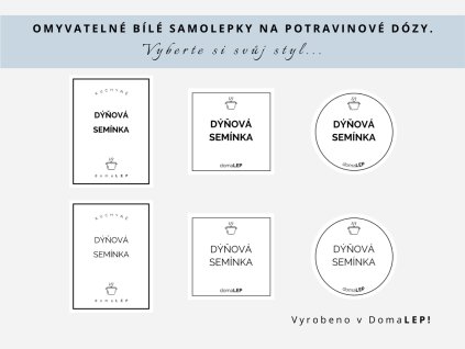 Samolepka DÝŇOVÁ SEMÍNKA na potravinové dózy, 3 velikosti, bílá, základní nebo tučné písmo, DomaLEP.