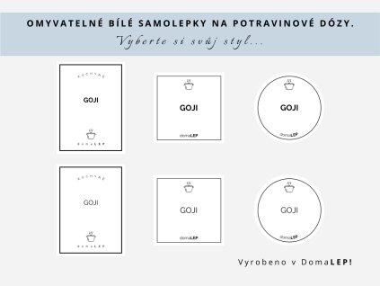 Samolepka GOJI na potravinové dózy, 3 velikosti, bílá, základní nebo tučné písmo, DomaLEP.